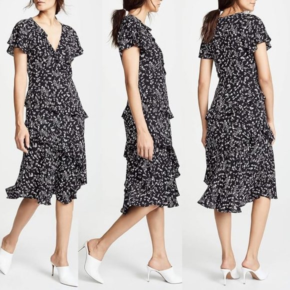 Joie Orita Midi Dress Size 2 Caviar Black White Floral Asymmetric Ruffles $348 - Picture 2 of 16